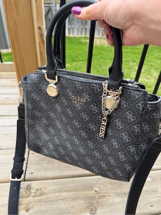 Guess Handbags - Guess Black Logo Satchel Crossbody Bag | Silver Hardware | Structured Purse